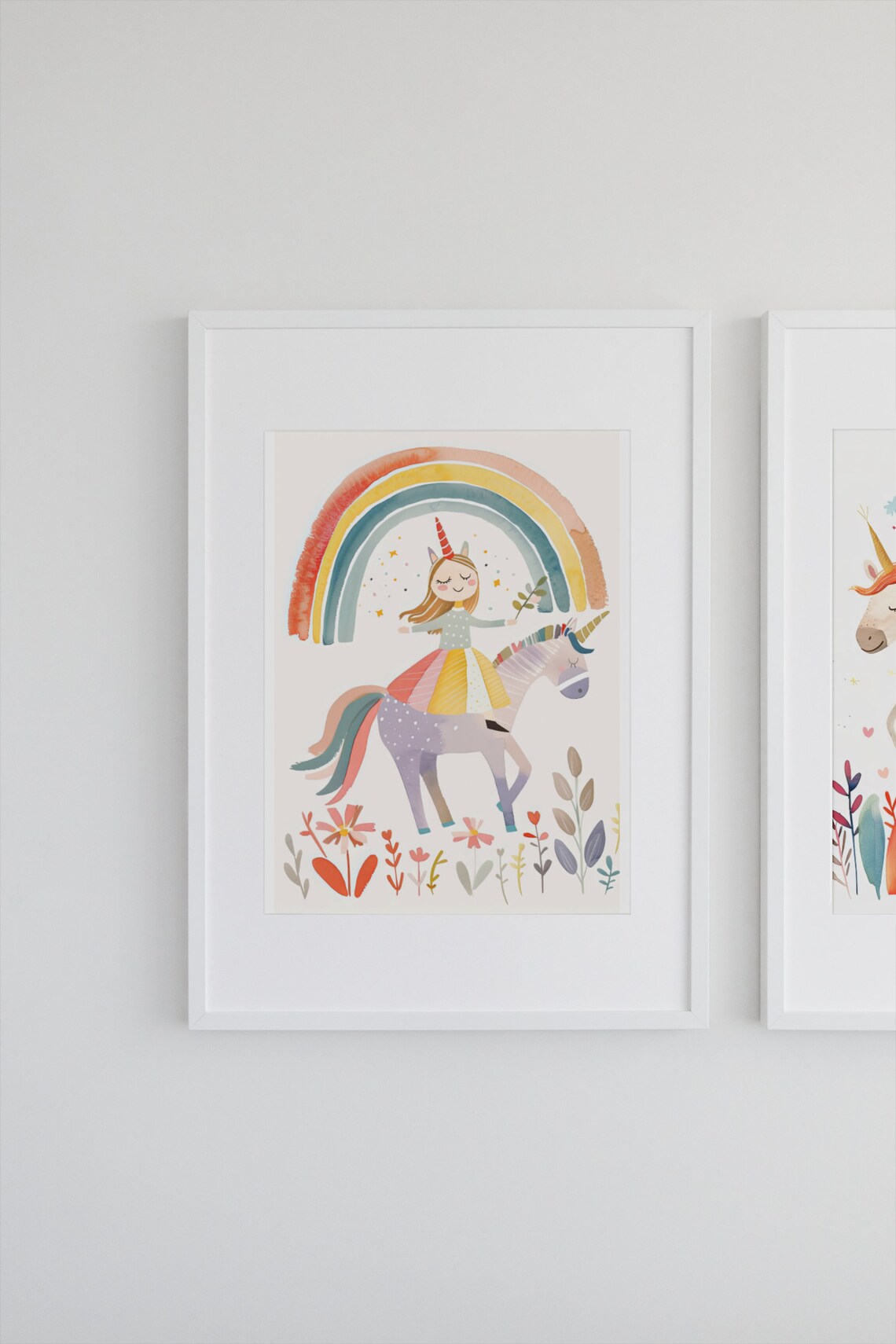 Happy Girl Riding a Purple Unicorn Under a Rainbow Art Poster