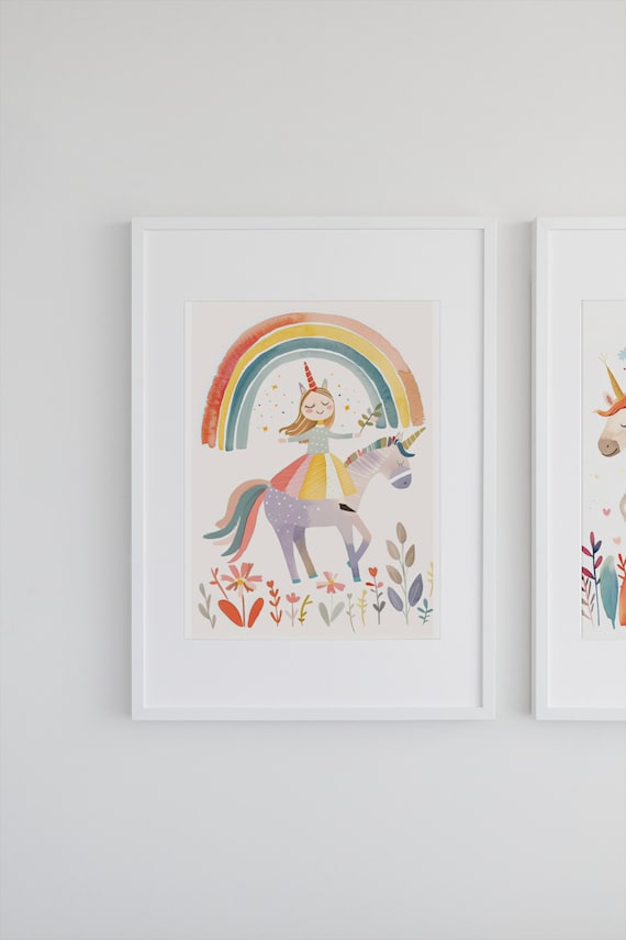Happy Girl Riding a Purple Unicorn Under a Rainbow Art Poster