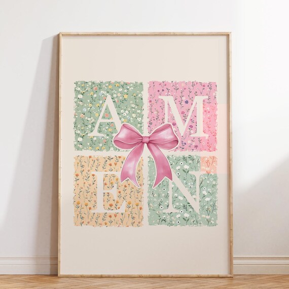 Amen Floral Patchwork Letters Pink Bow Coquette Christian Poster