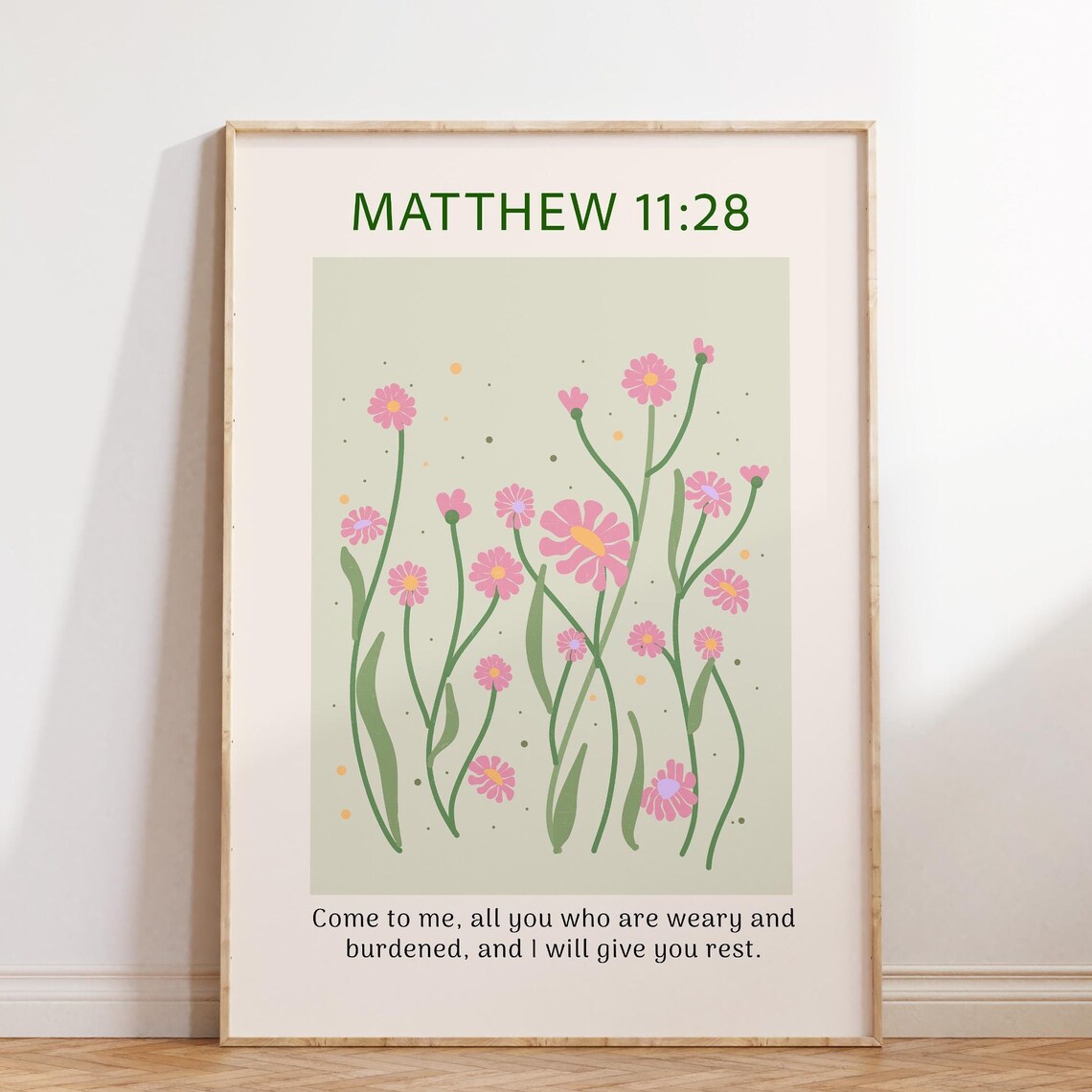 Matthew 11:28 Come To Me Pink Wildflower Christian Scripture Poster