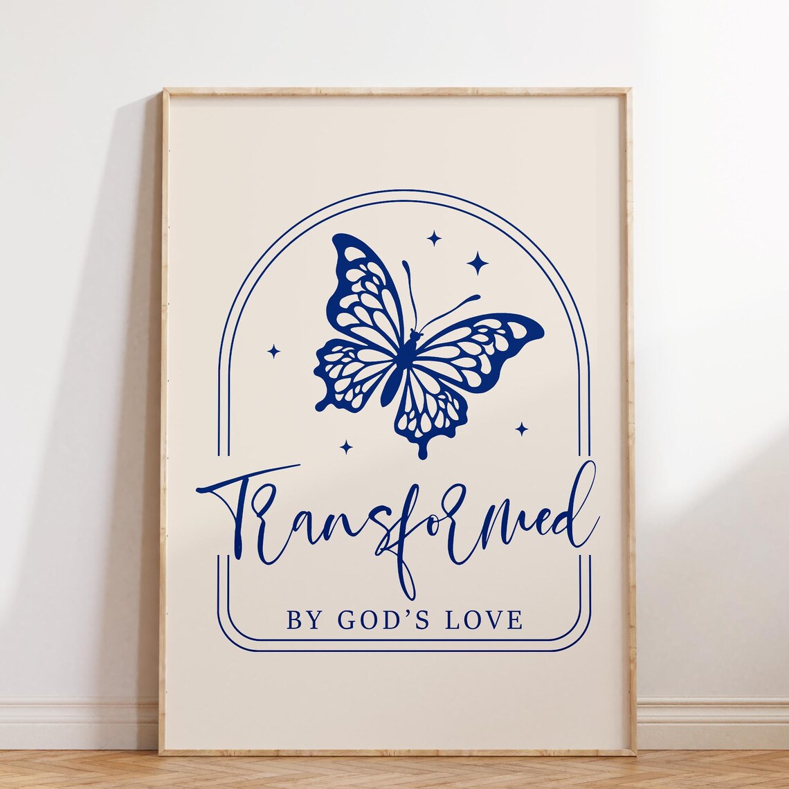 Navy Butterfly Line Art Transformed By Gods Love Christian Poster