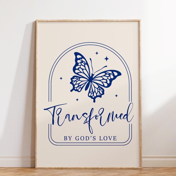 Navy Butterfly Line Art Transformed By Gods Love Christian Poster