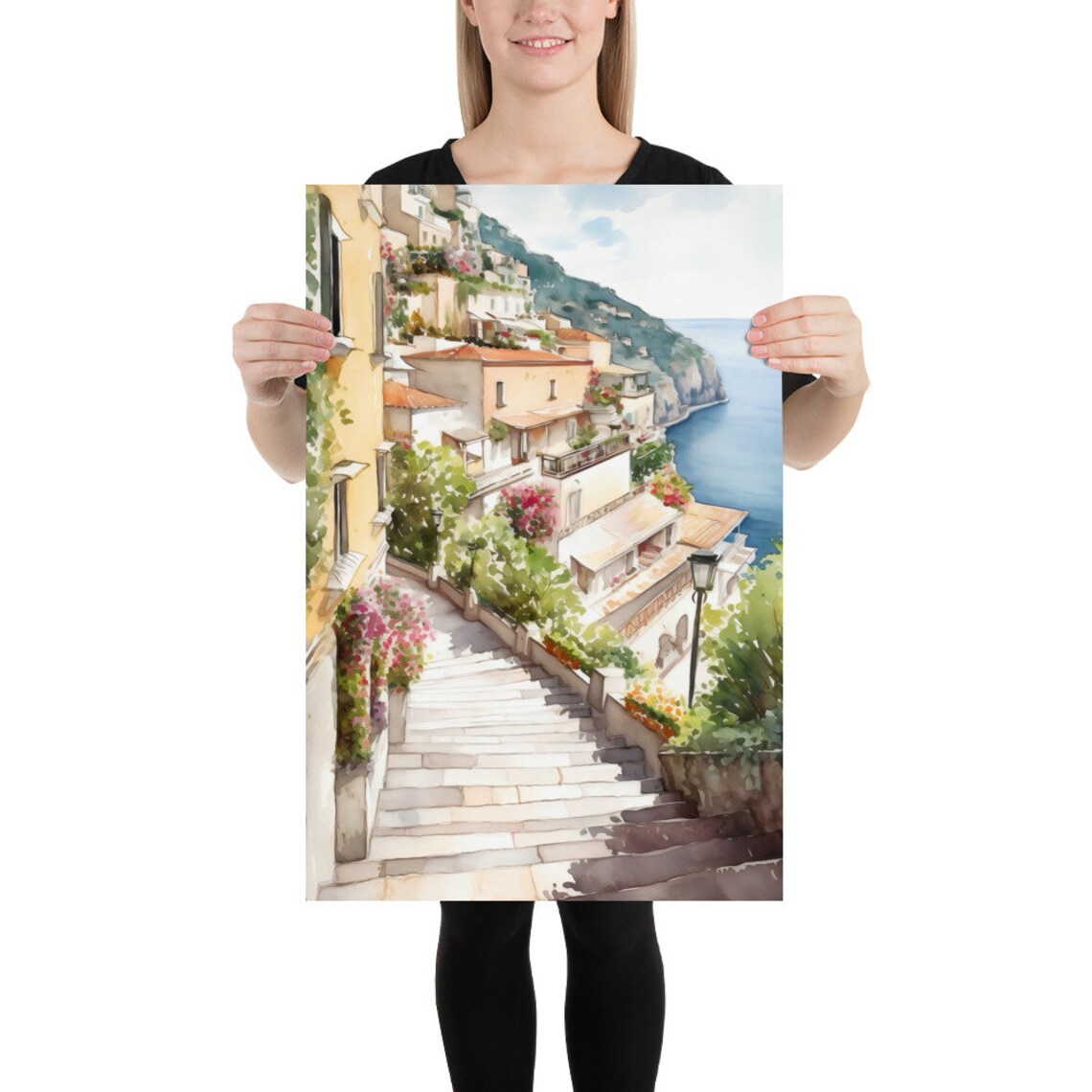 Positano Watercolor Painting, Amalfi Coast Landscape - Image 3