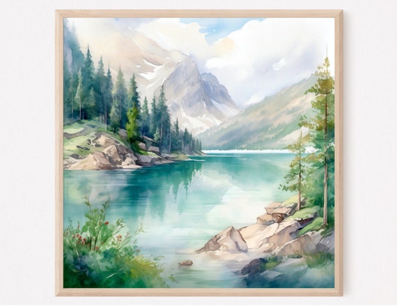 Mountain Landscape Lake Braies Watercolor Poster