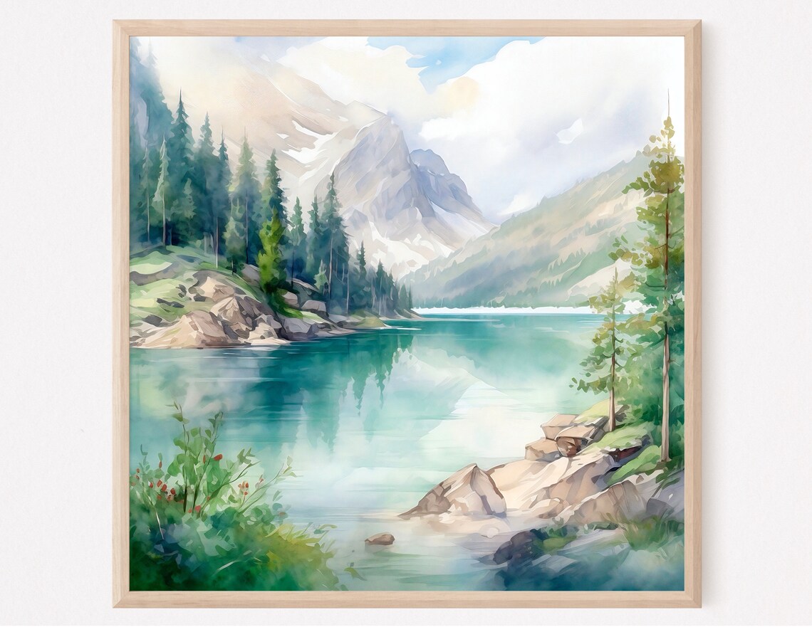 Mountain Landscape Lake Braies Watercolor Poster