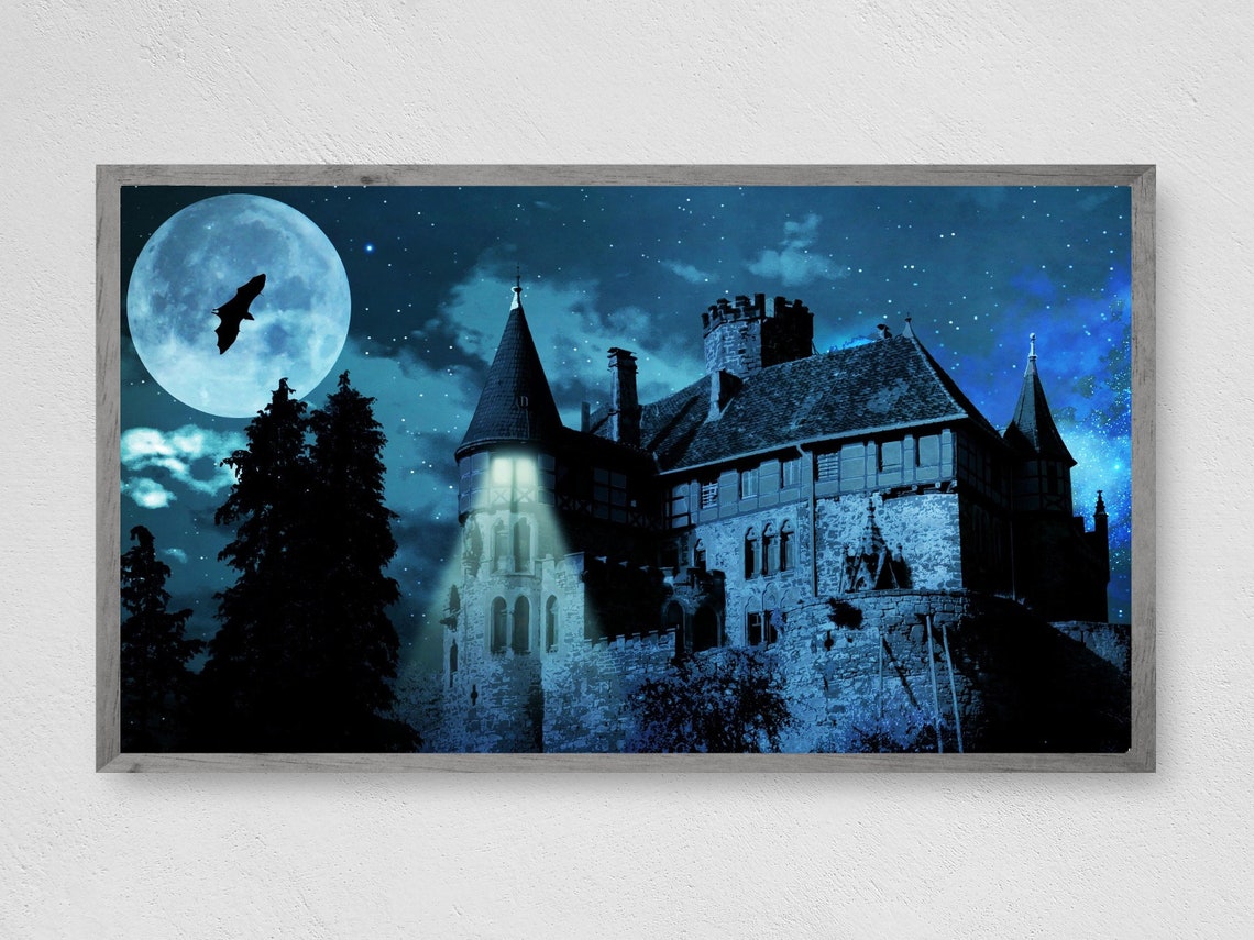 Haunted Castle Under Full Moon with Bats Night Sky Halloween Poster