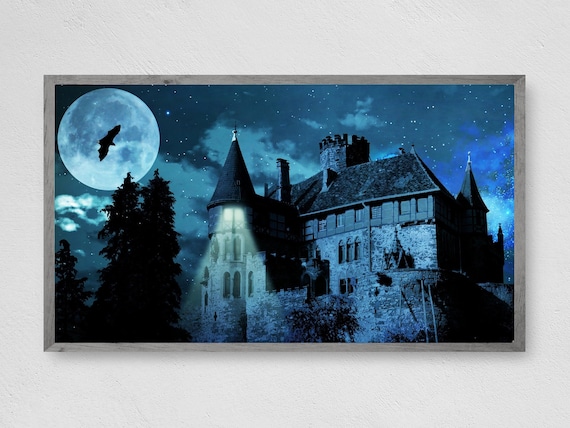 Haunted Castle Under Full Moon with Bats Night Sky Halloween Poster
