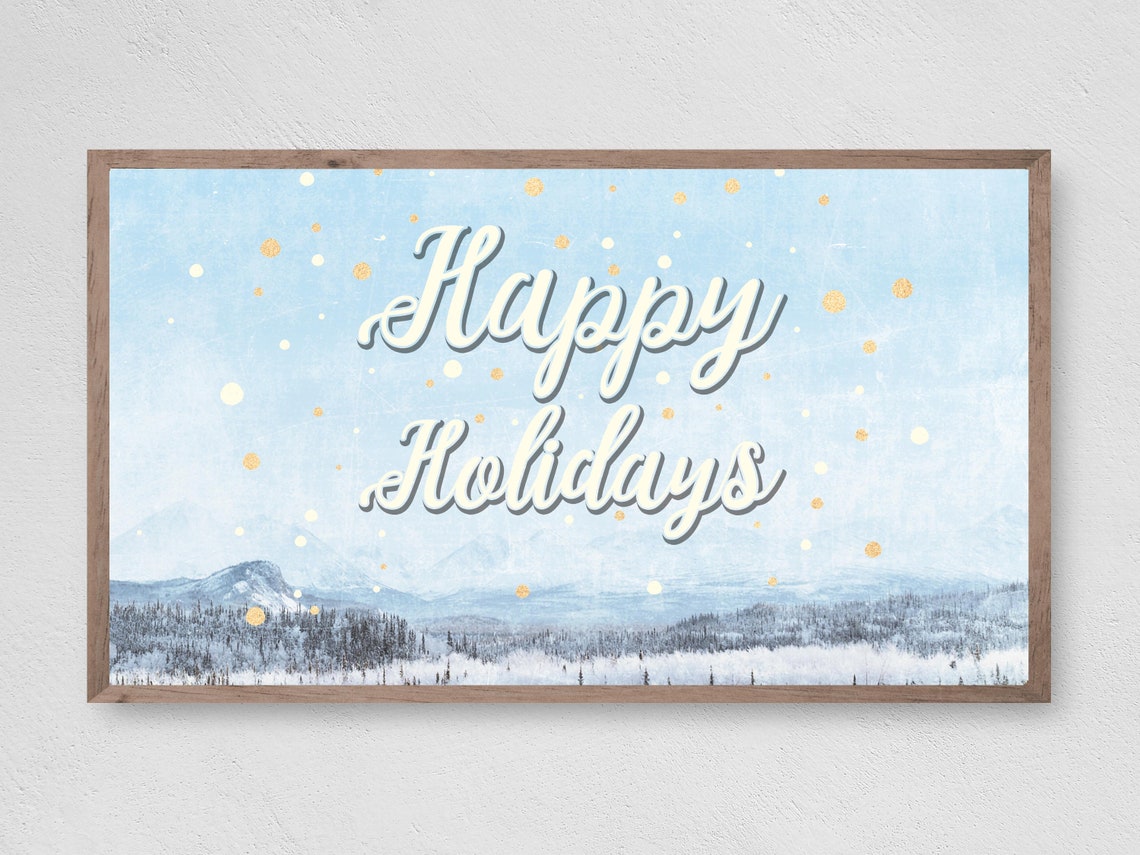 Happy Holidays Script Snowy Mountain Gold Confetti Winter Decor Poster