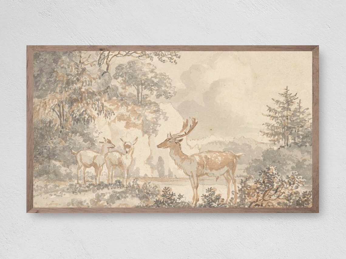 Vintage Deer Forest Art Print, Wildlife Scene