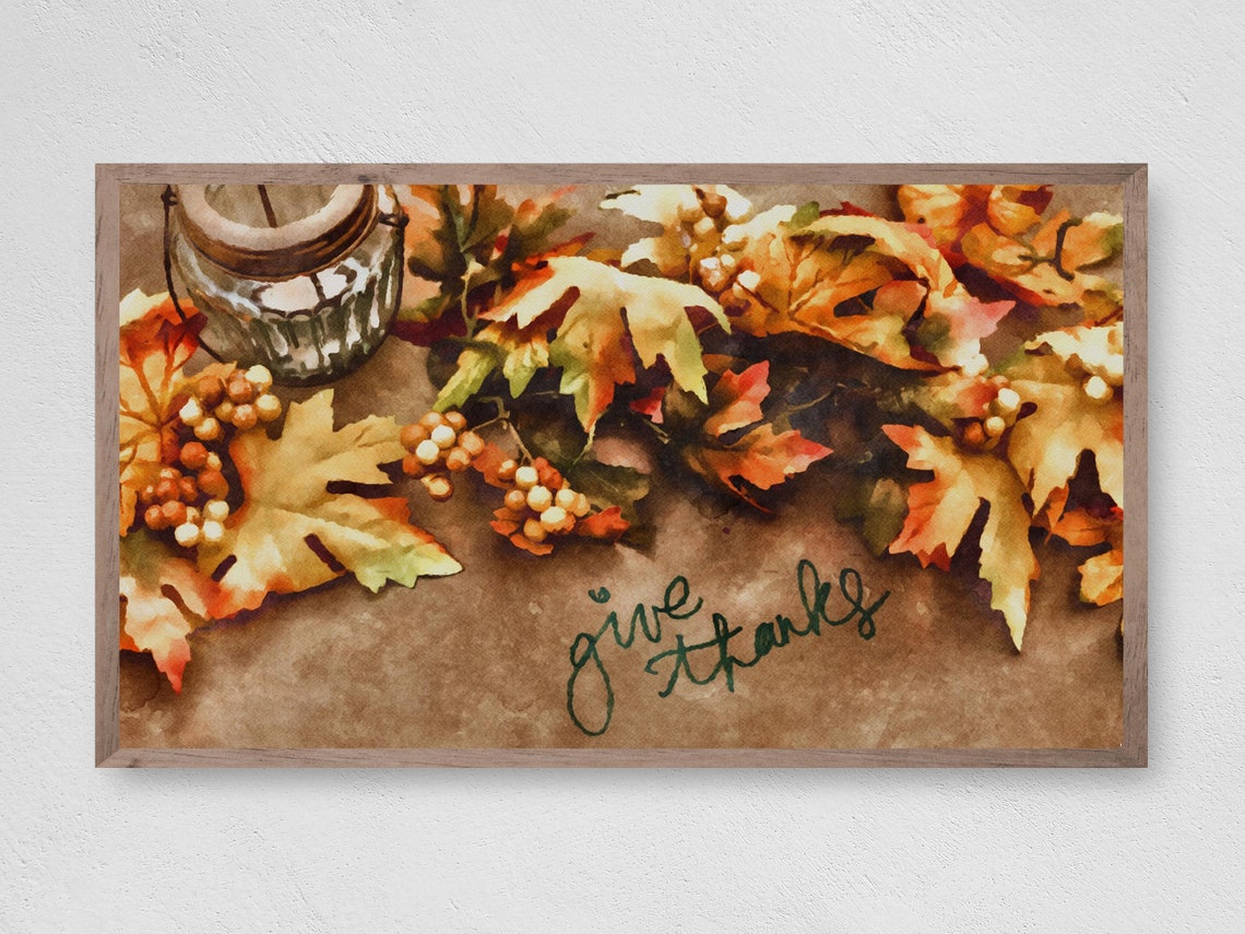 Give Thanks Autumn Leaves Watercolor Fall Thanksgiving Quote Wall Art