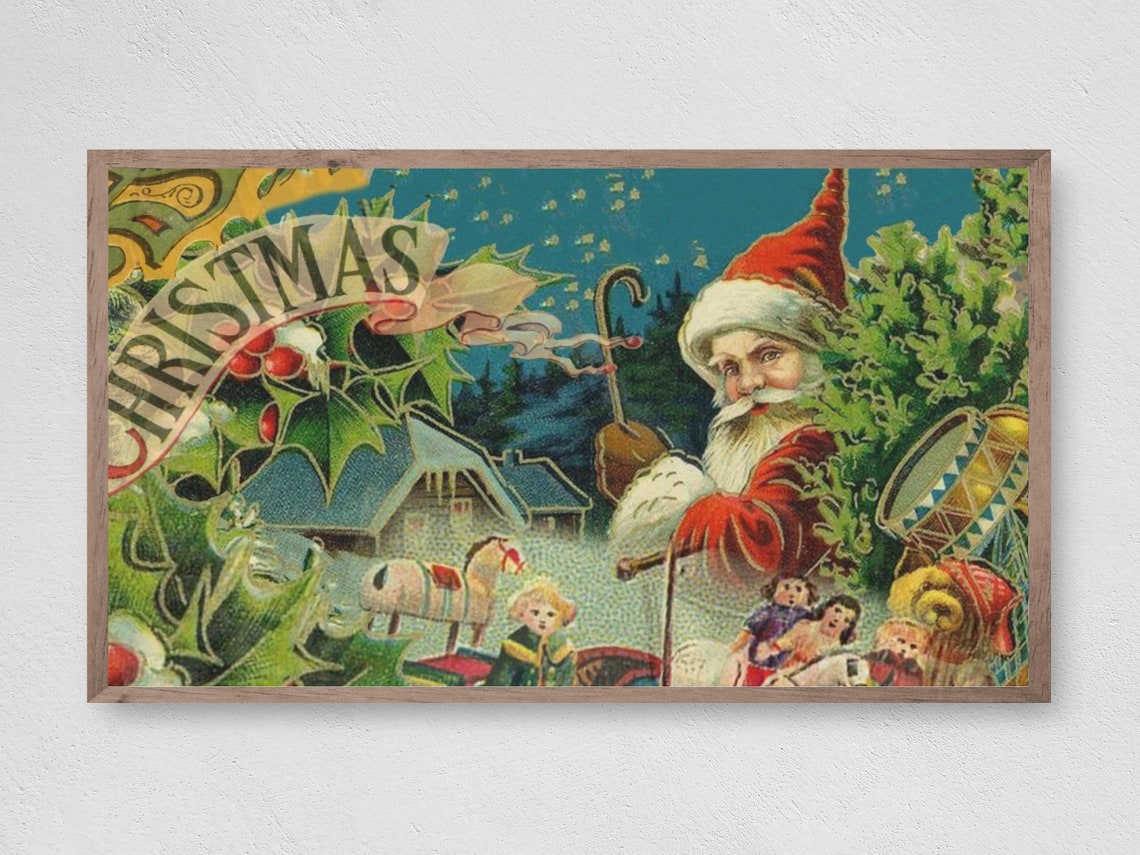 Vintage Victorian St Nick Holly Umbrella Christmas Night Art Print