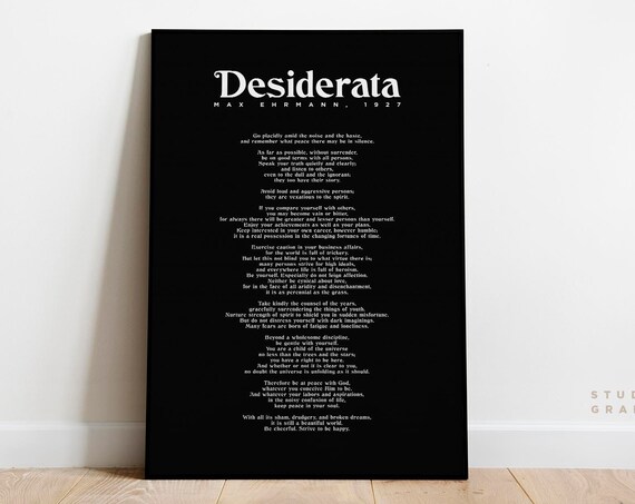 Desiderata Art Print Unframed Poster Max Ehrmann Poem Typography Motivational Poem Print Literature Black And White