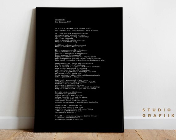 Desiderata Max Ehrmann 1927 Typewriter Text White on Black Poster