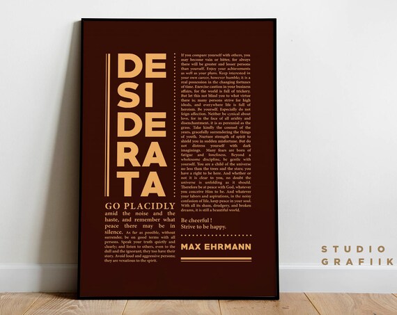 Desiderata Art Print Unframed Poster Max Ehrmann Poem Typographic Poster 22 Motivational Poem Print Literature Brown