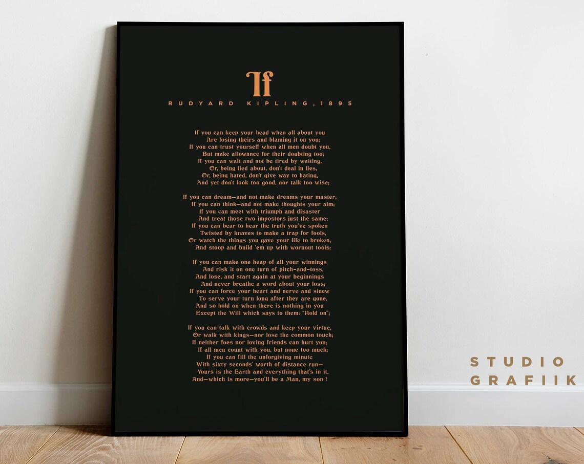If Rudyard Kipling Typographic Poster Unframed Print Motivational Poem Minimalist Print Literature Dark Grey Brown