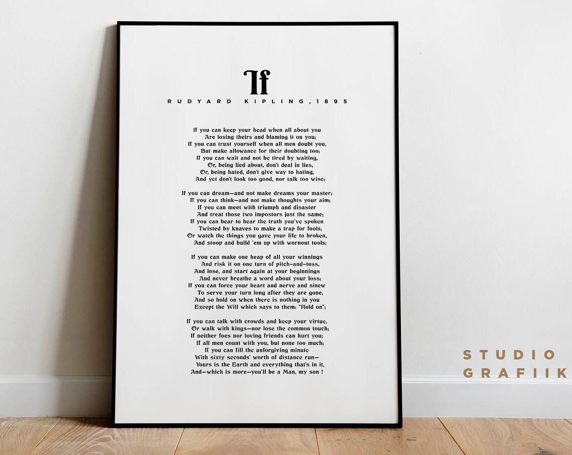 If Rudyard Kipling Typographic Poster Unframed Poster Motivational Poem Minimalist Print Literature Black And White