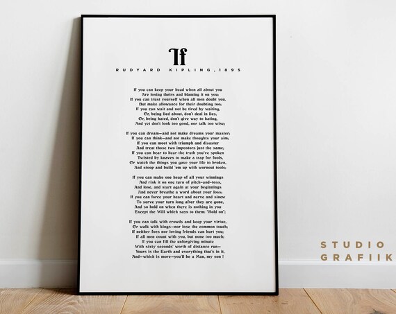 If Rudyard Kipling Typographic Poster Unframed Poster Motivational Poem Minimalist Print Literature Black And White