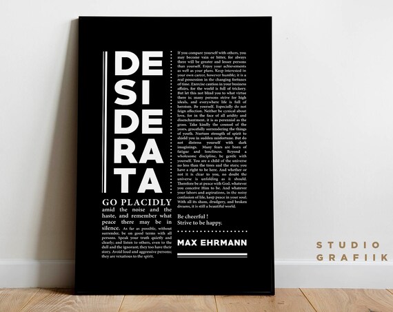 Desiderata Art Print Unframed Poster Max Ehrmann Poem Typographic Poster 21 Motivational Poem Literature Black And White