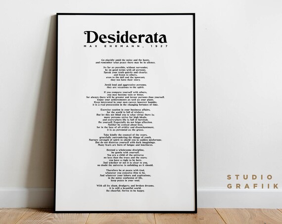 Desiderata Print Max Ehrmann Poem Typographic Poster 26 Motivational Poem Minimalist Print Unframed Literature Black And White