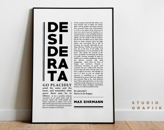 Desiderata Art Print Unframed Poster Max Ehrmann Typographic Poster 19 Motivational Poem Print Literature Black And White