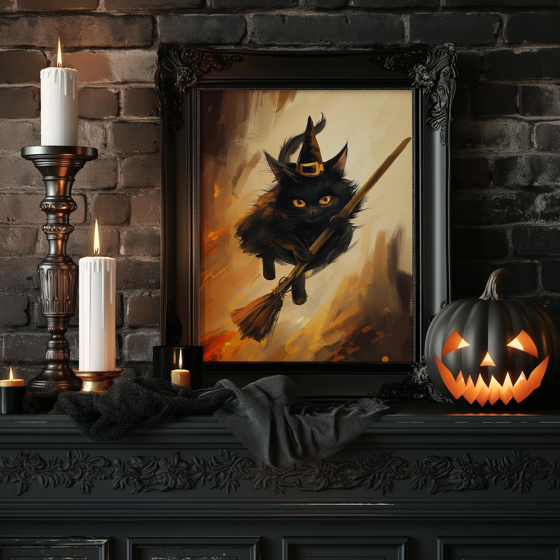 Black Cat Witch Hat Flying Broomstick Halloween Kitty Art Poster - Image 3