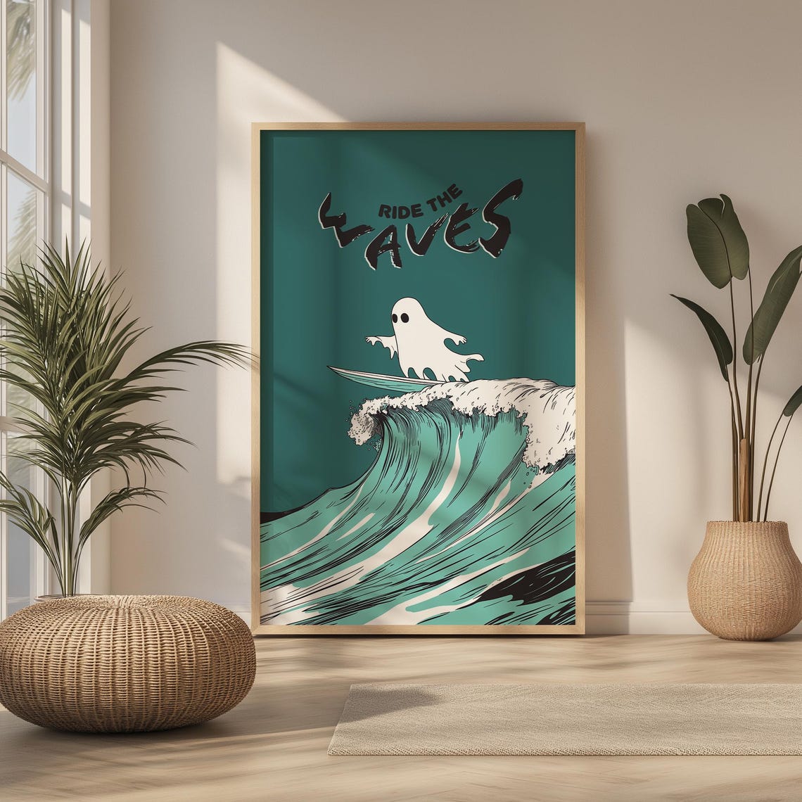 Ride the Waves Cute Ghost Surfing Bold Teal Retro Wave Wall Art - Image 2