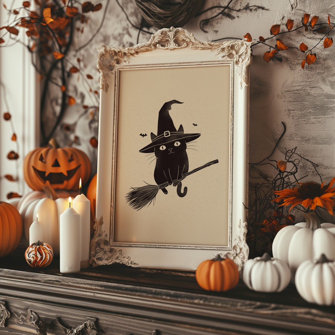 Witch Cat on Broomstick Minimalist Black Cat Halloween Wall Art - Image 2