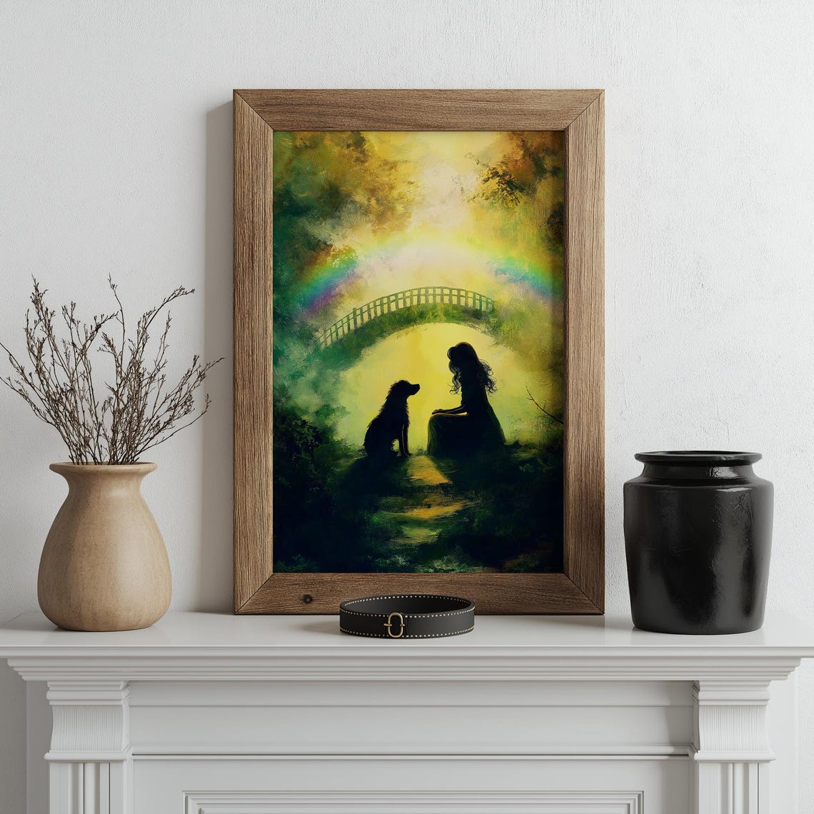 Woman and Dog Under Rainbow Bridge Pet Memorial Silhouette Art Print