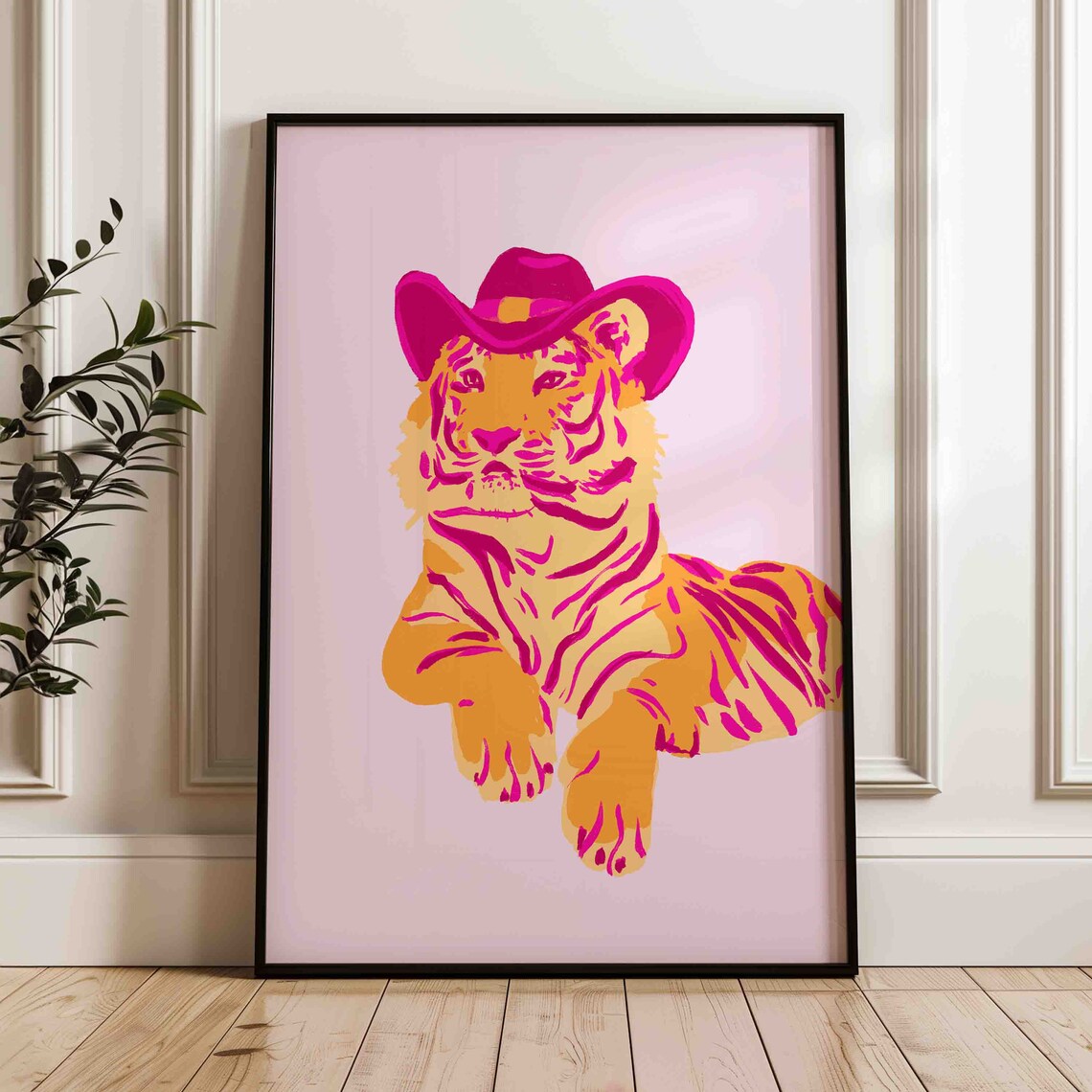 Tiger Cat Poster, Pink And Orange Cowboy Art