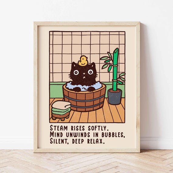Black Cat Bathing Poster Minimalism Retro Japandi Print Lovers Gift Japanese Style Funny Kitten In An Onsen Bath Wall Art