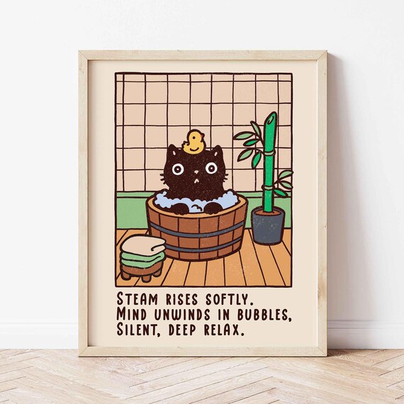 Black Cat Onsen Bath Japanese Cartoon Relaxation Quote Poster