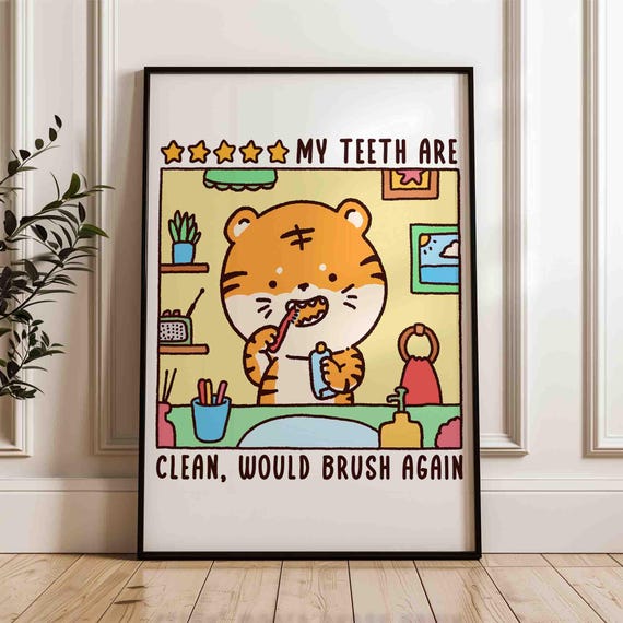 Brush Your Teeth Tiger Poster Cute Bathroom Wall Art Wash Room Decor Childrens Washing Up Print Kawaii Shipped