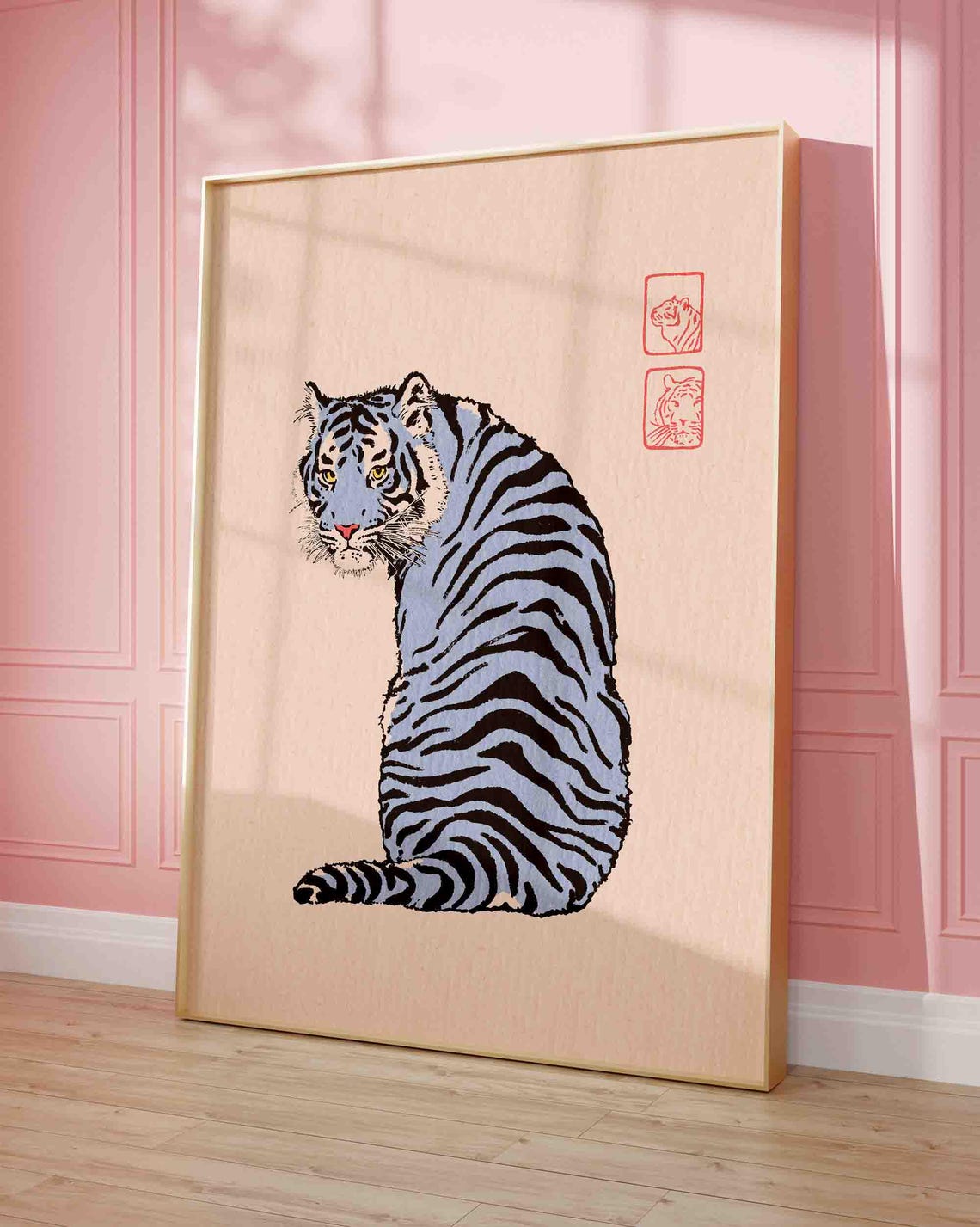 Blue Tiger Looking Back Japanese Vintage Style Animal Poster