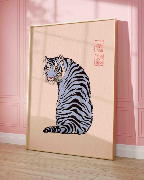 Blue Tiger Looking Back Japanese Vintage Style Animal Poster
