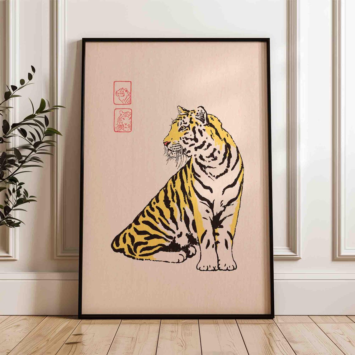 Seated Tiger Japanese Woodblock Feline Art Soft Beige Wall Art