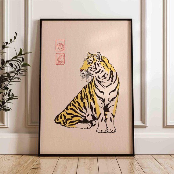 Seated Tiger Japanese Woodblock Feline Art Soft Beige Wall Art