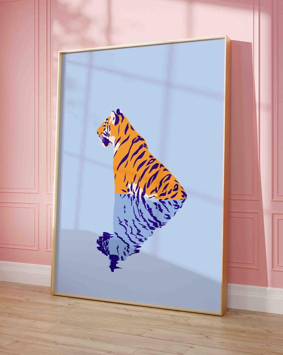 Tiger Wall Print Blue And Orange Poster Hand Drawn Sketch Coastal Shipped Art Beach Home Decor Dopamine