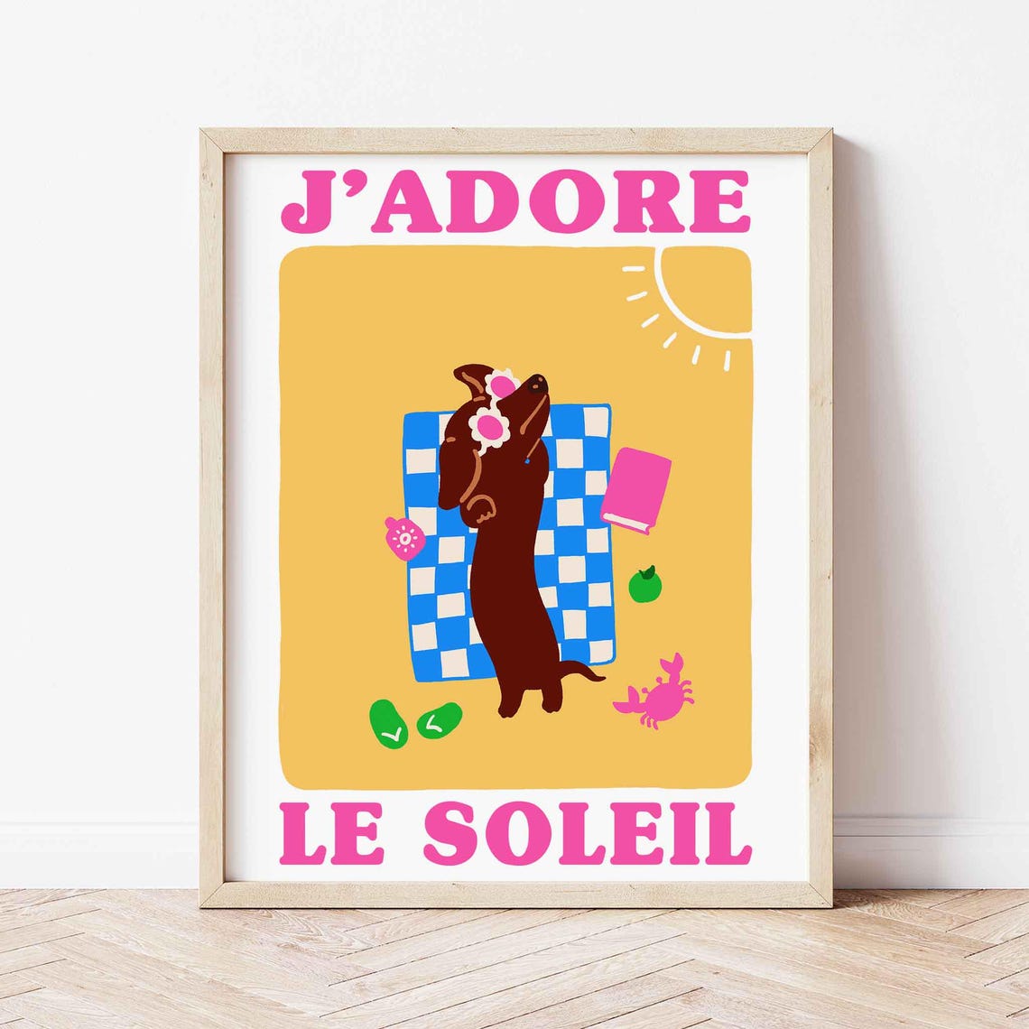 Dachshund Sunbathing Jadore le Soleil Beach Summer Art Poster
