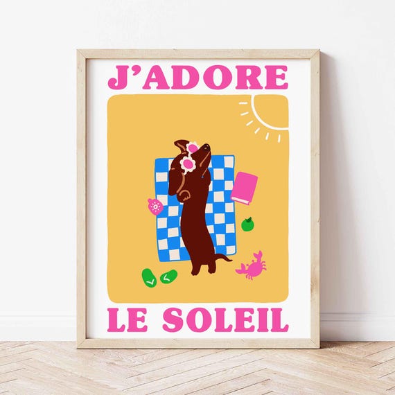 Dog Jadore Le Soleil Print Funny Doxie On The Beach Poster Funky Wall Art Wiener Coastal Gallery Cute Summer