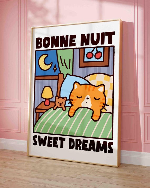 Bonne Nuit Sweet Dreams Orange Cat Print Cute Quirky Mom Gift Kids Bedroom Poster Unframed Shipped Wall Art Retro