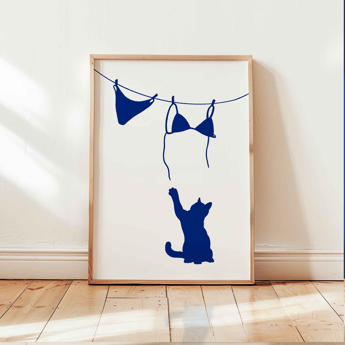 Cat Reaching Bikini Clothesline White Framed Minimalist Art Poster