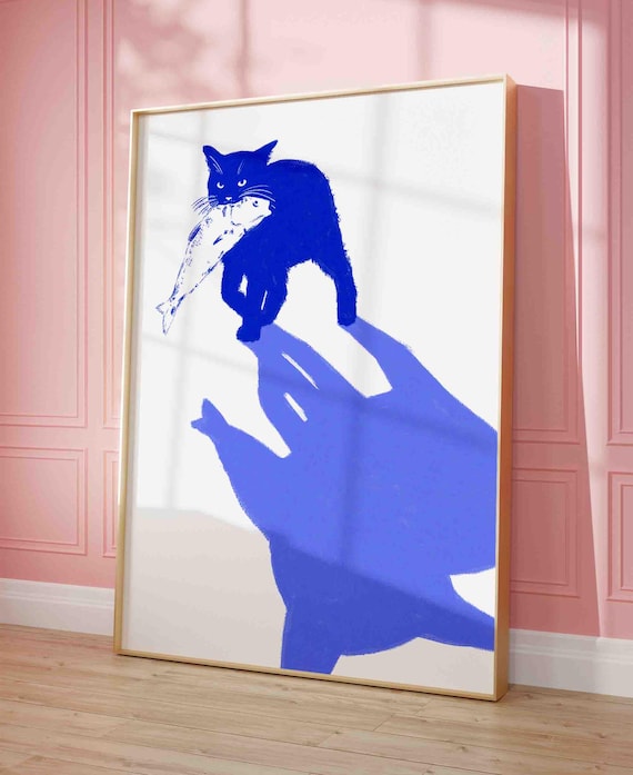 Blue Cat Carrying White Fish Minimalist Playful Illustration Poster