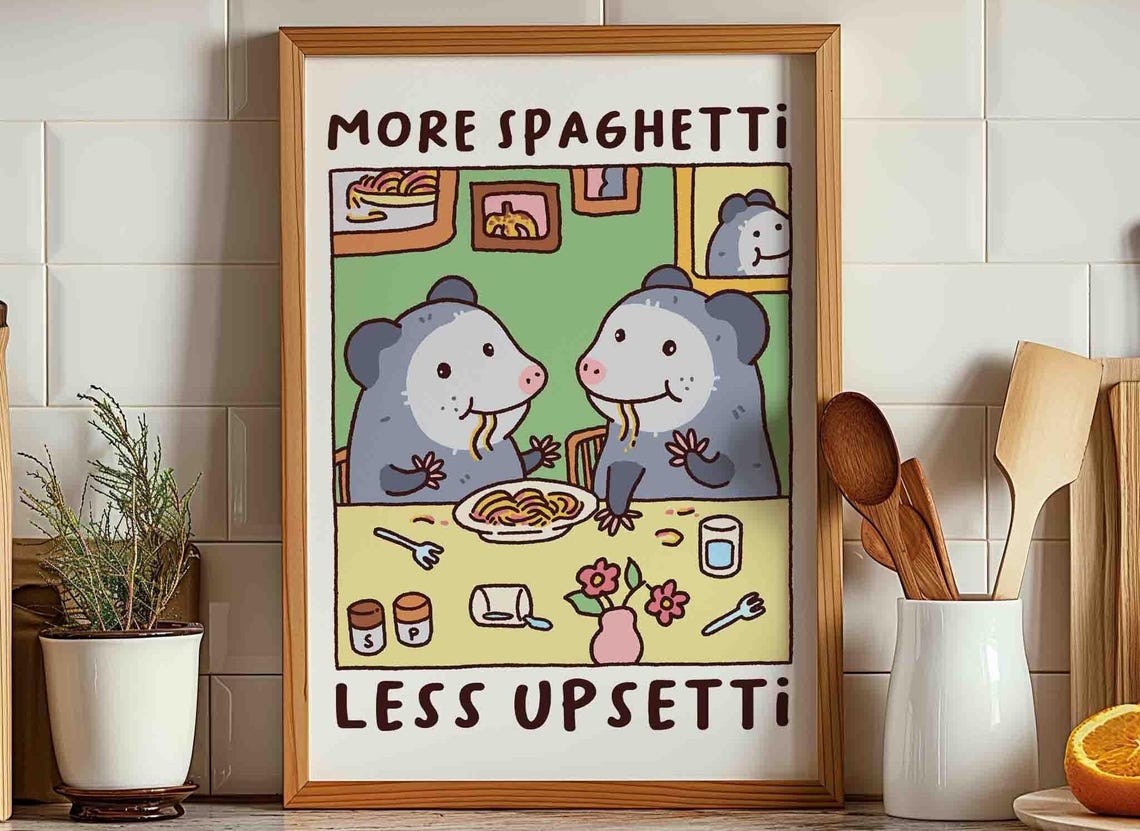 More Spaghetti Less Upsetti Cute Possums Funny Kitchen Poster