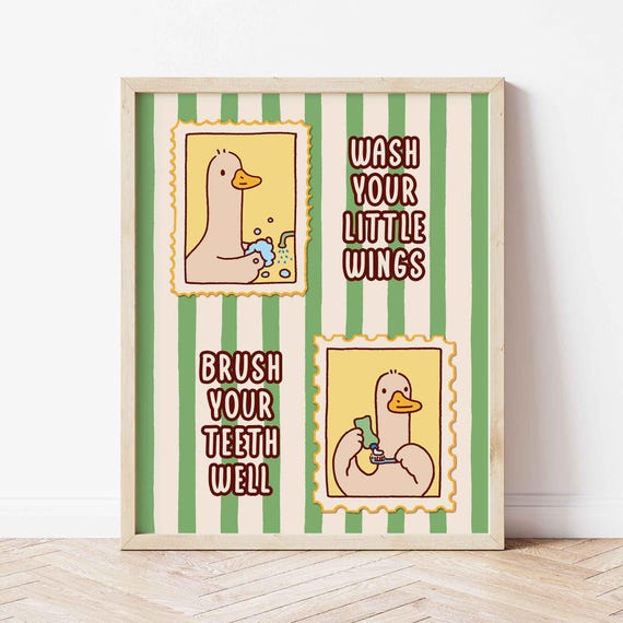 Duck Bathroom Poster Wash Your Hands Brush Teeth Cute Quirky Art Print Trendy Silly Goose Unframed Shipped Wall