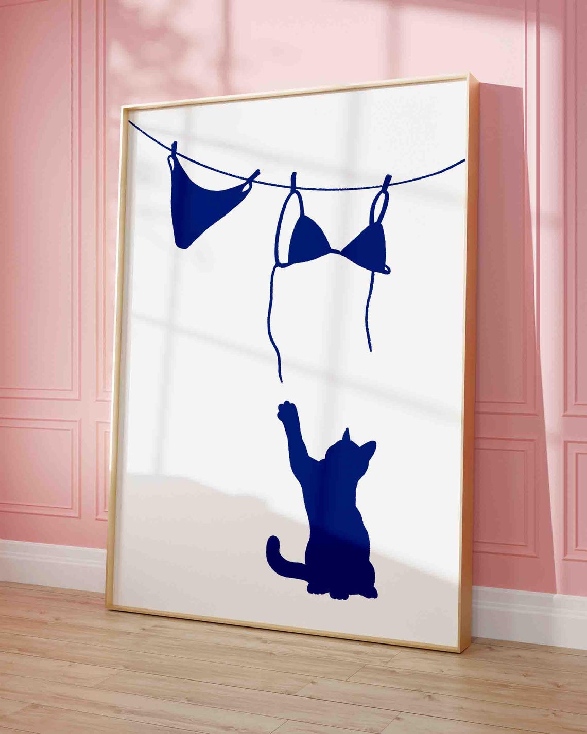 Cat Reaching Bikini Clothesline Navy Minimalist Summer Art Poster
