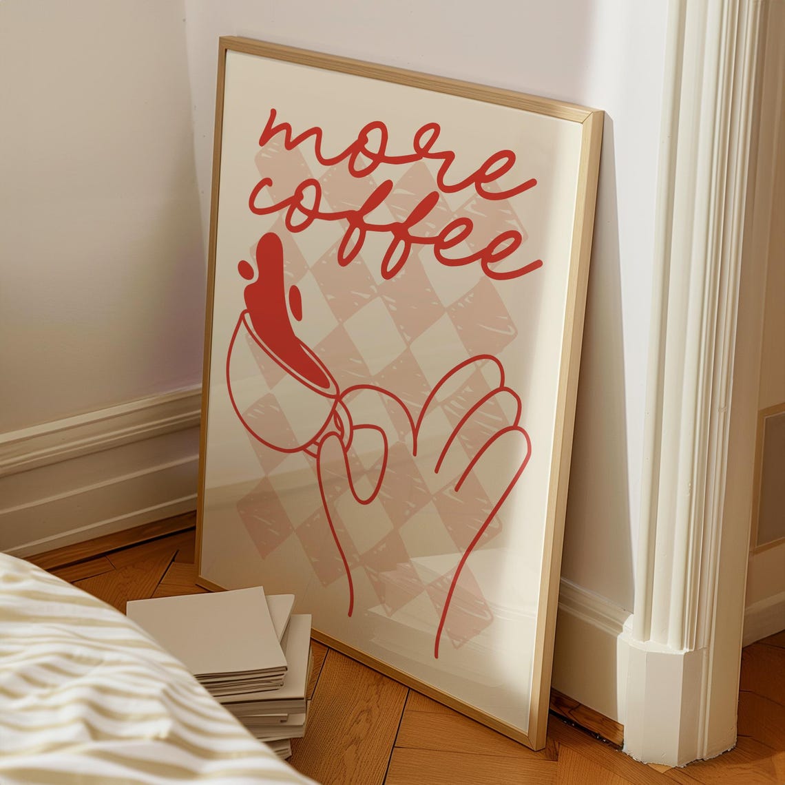 More Coffee Red Script Line Art Hand Holding Cup Kitchen Poster - Image 2