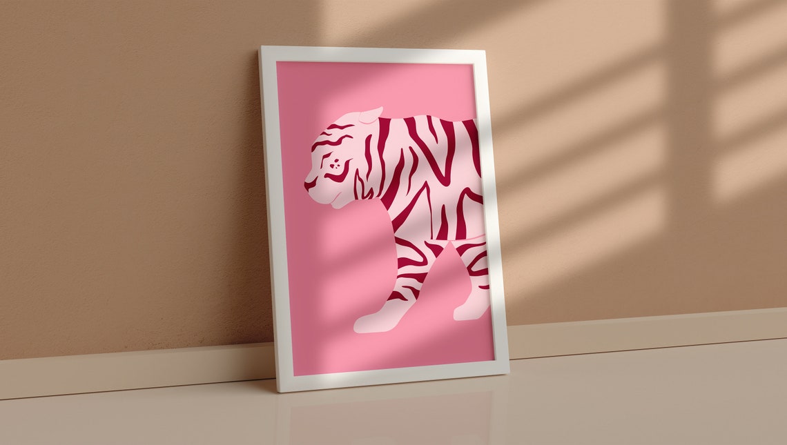 Pink Tiger Wall Art Print Abstract Minimalist Jungle Tropical Bold Colourful Retro Style - Image 2