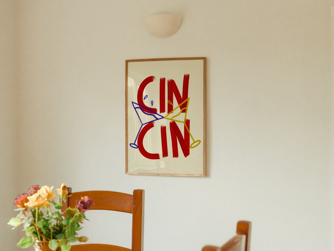 Cin Cin Cheers Clinking Cocktail Glasses Red Bar Cart Poster - Image 3