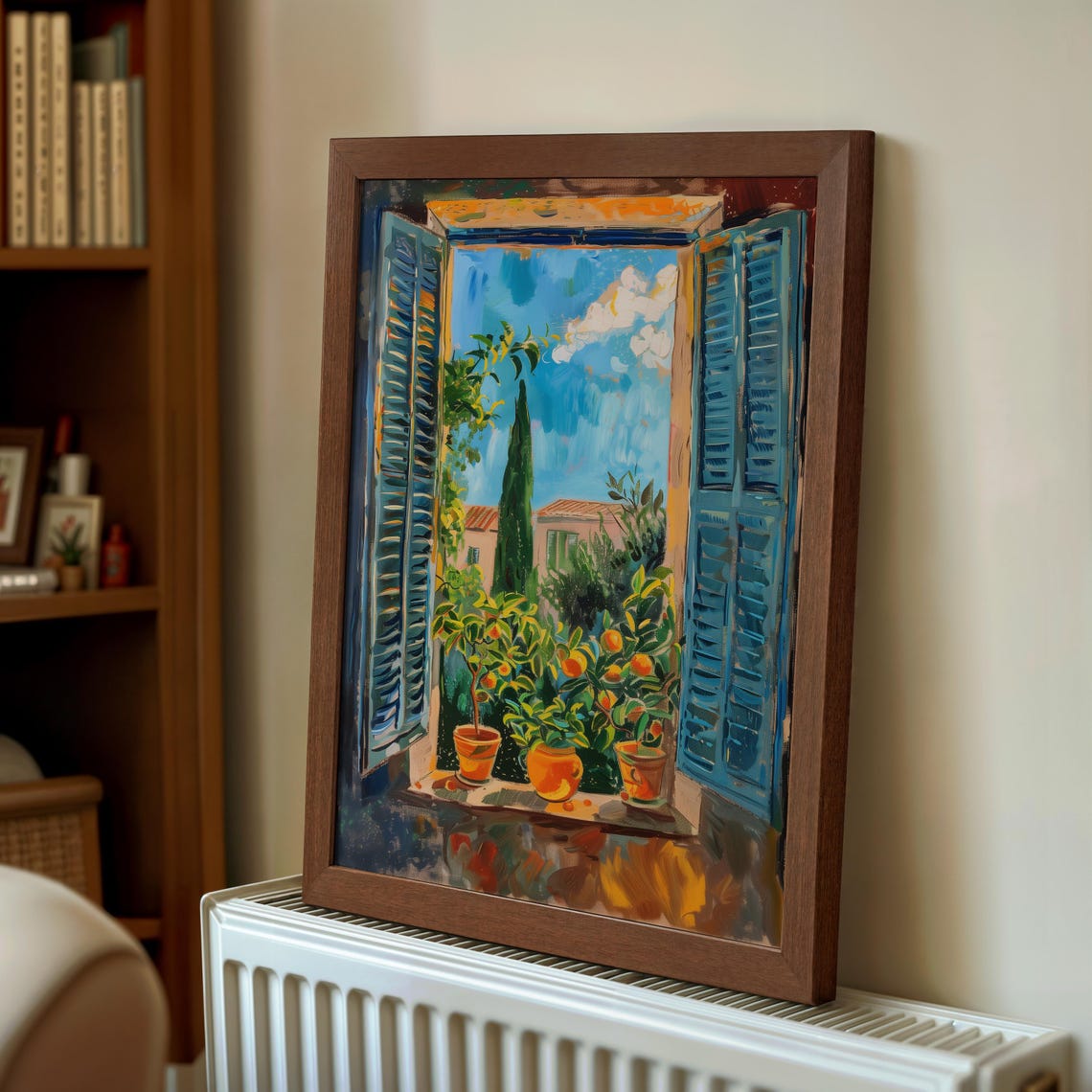 Open Window Blue Shutters Orange Trees Mediterranean Fauvist Poster - Image 2