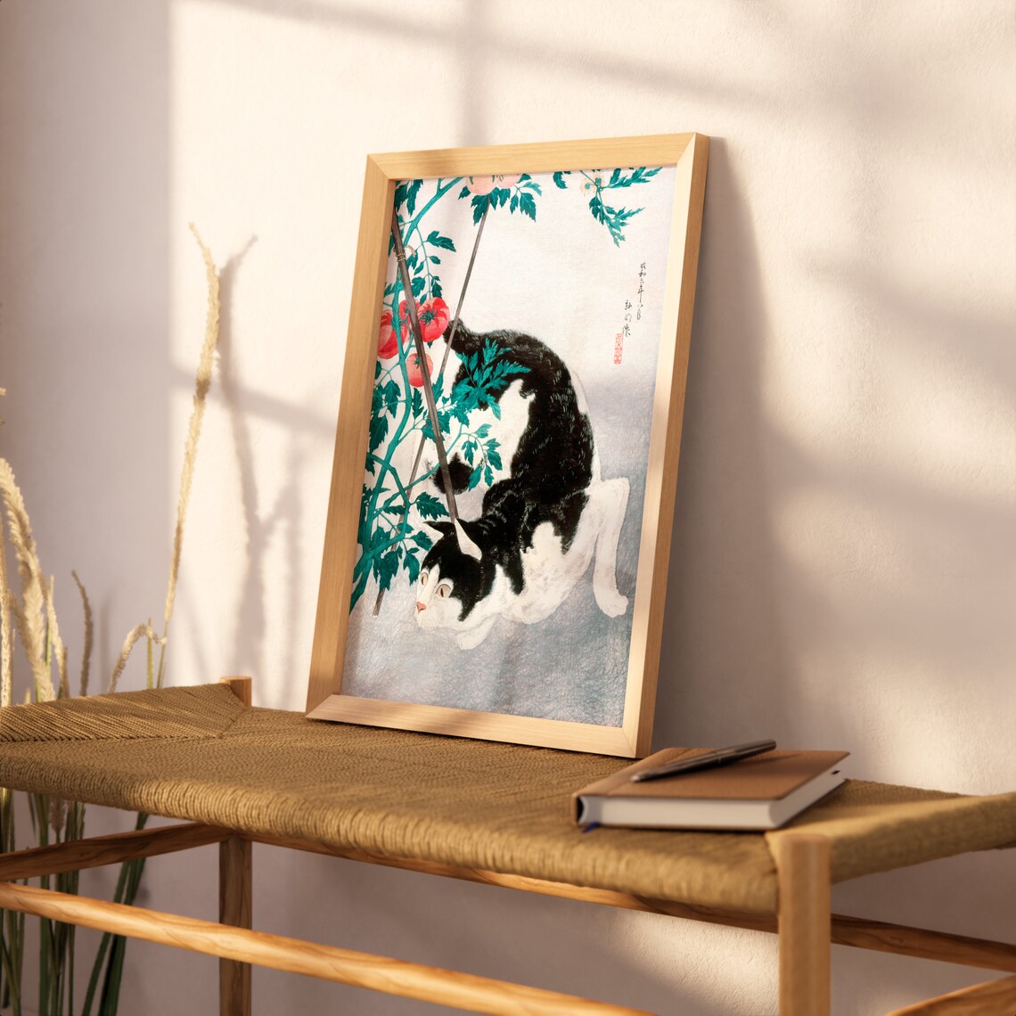 Vintage Japanese Cat With Tomato Plants Woodblock Style Poster - Image 2